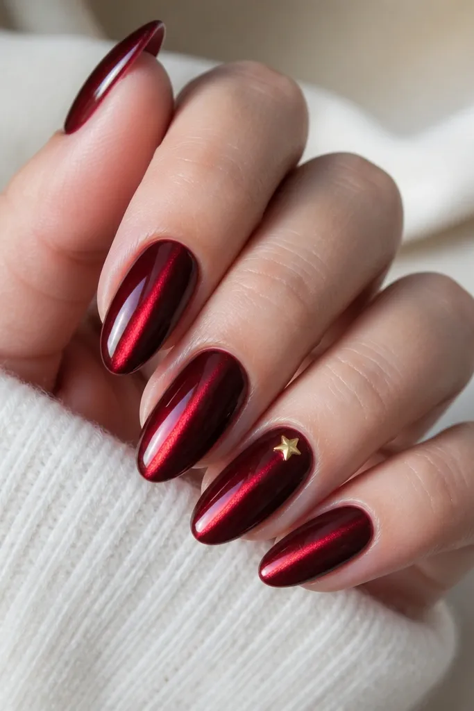 Deep red nails with a bright center stripe; one nail has a small gold star charm near the cuticle area, the rest stays plain glossy cat eye.