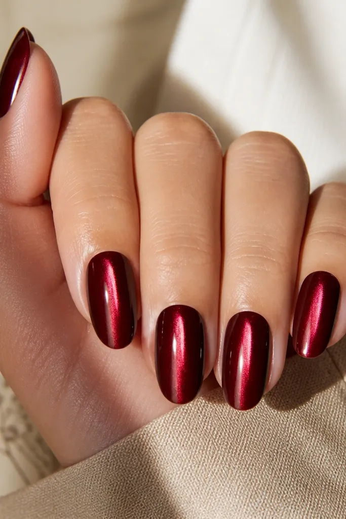 Deep red nails with a bright magnetic stripe that looks like it starts near the tip and pulls upward toward the cuticle, glossy and centered.
