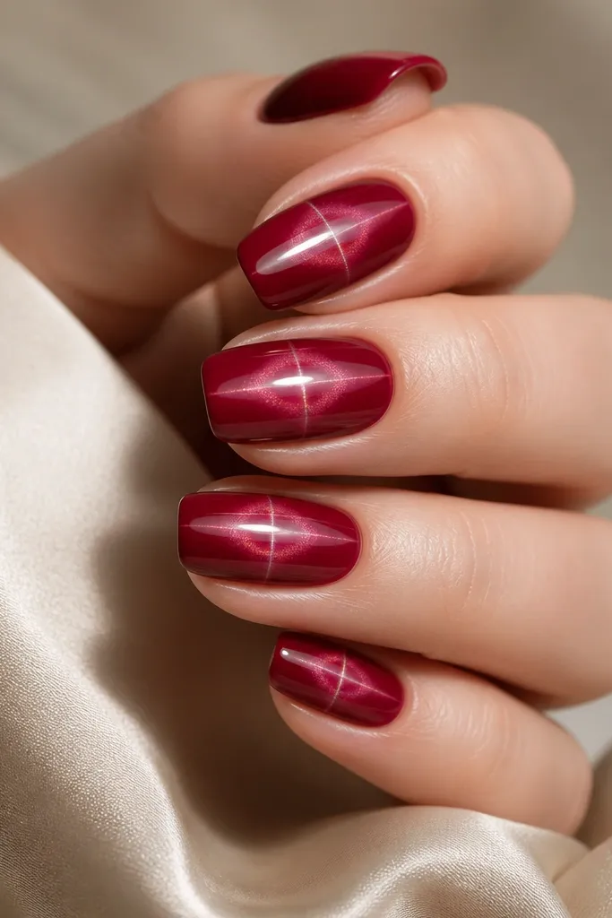 Deep red nails with a bright center stripe, plus a faint pearly halo shimmer around the stripe like a soft ring.
