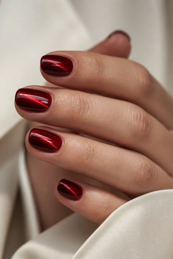 Deep red magnetic stripe nails with extra glassy depth; the stripe looks like it's under a clear dome.