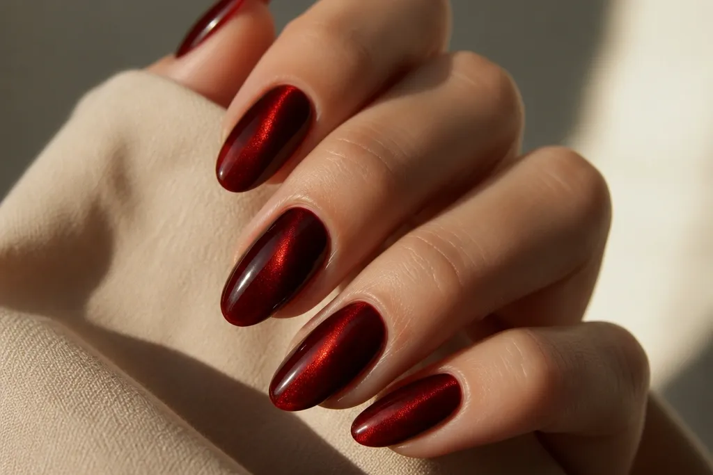 Low maintenance deep red cat eye nails