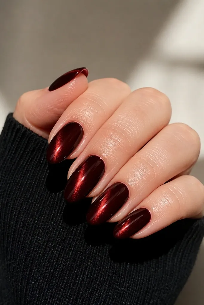 Low maintenance deep red cat eye nails