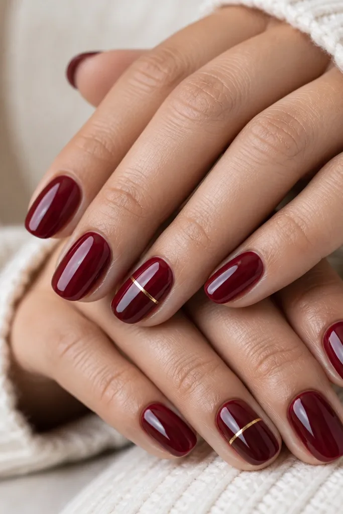 Ten nails painted in glossy deep merlot red. Two accent nails have a thin gold foil line across the center, like a small horizontal bar. The rest stay pure red with a mirror shine.