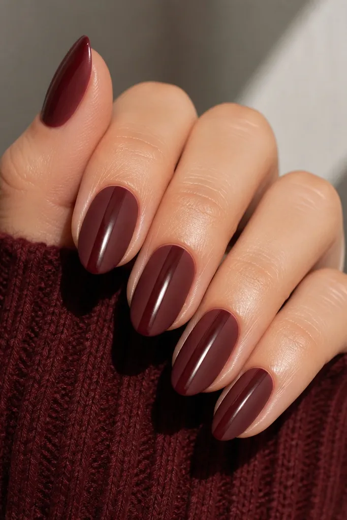 Nails in matte deep oxblood. On each nail, there is a narrow glossy vertical strip running down the middle, giving the look of a ribbon. The edges are crisp, and the matte texture is visible between the strips.
