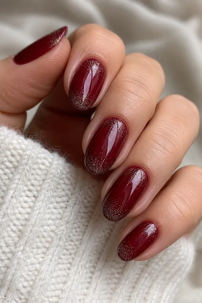 Deep cherry red nails with a glossy finish. Only the tips have tiny silver micro-sparkles, forming a soft halo that fades toward the middle rather than a hard French line.