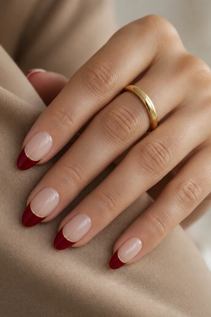 A classic French look: the nail bed is clear nude, the tips are berry red. A thin gold line sits right at the edge where the nude meets the red, like a smile line.