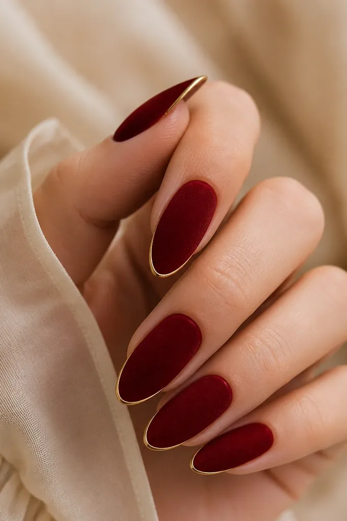 Nails are deep red with a velvet matte texture. Along each side near the free edge, there is a hair-thin gold line that follows the contour of the nail.