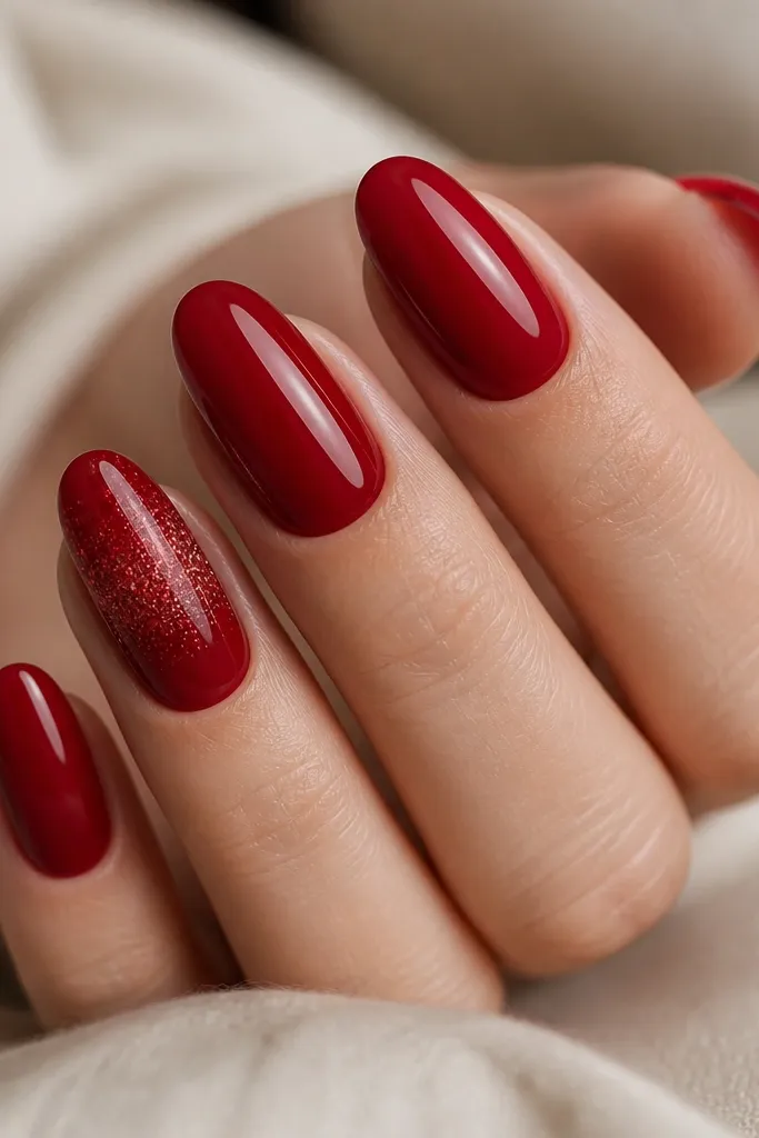Four nails are solid glossy deep red. The ring finger has a glitter fade that starts at the tip and becomes denser toward the middle, with fine red glitter blending into the base.