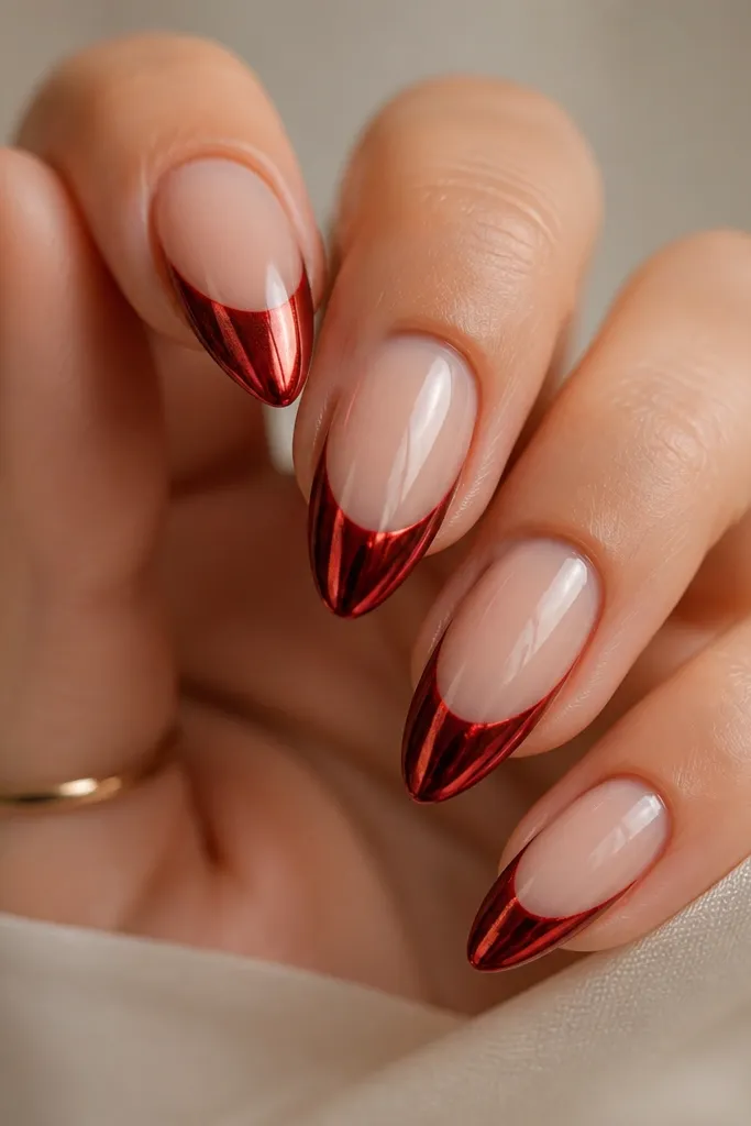 Most nails are glossy deep red with a mirror chrome band across the center. The very tips have a thin chrome outline, like a border, not full coverage.