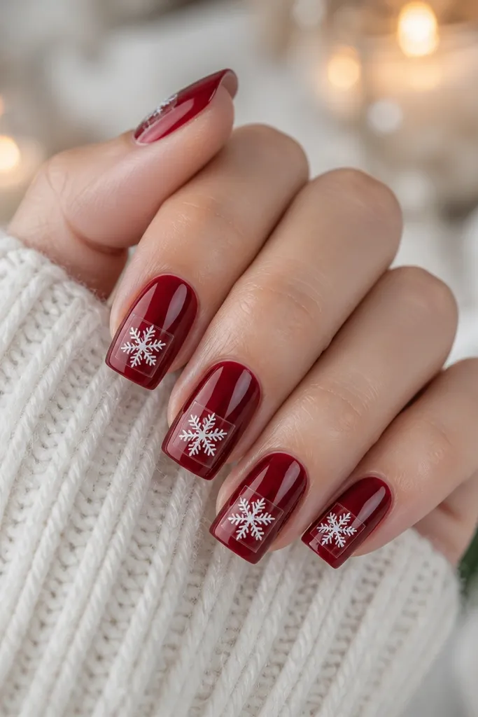 Deep red glossy nails with a small clear square panel near the tip on each nail. Inside the panel is a white snowflake stamp, centered and crisp.