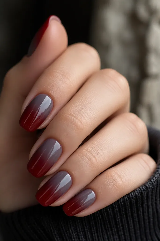 Nails show an ombre: deep red at the tip fades into a smoky gray near the cuticle. The gradient is smooth with a glossy finish.