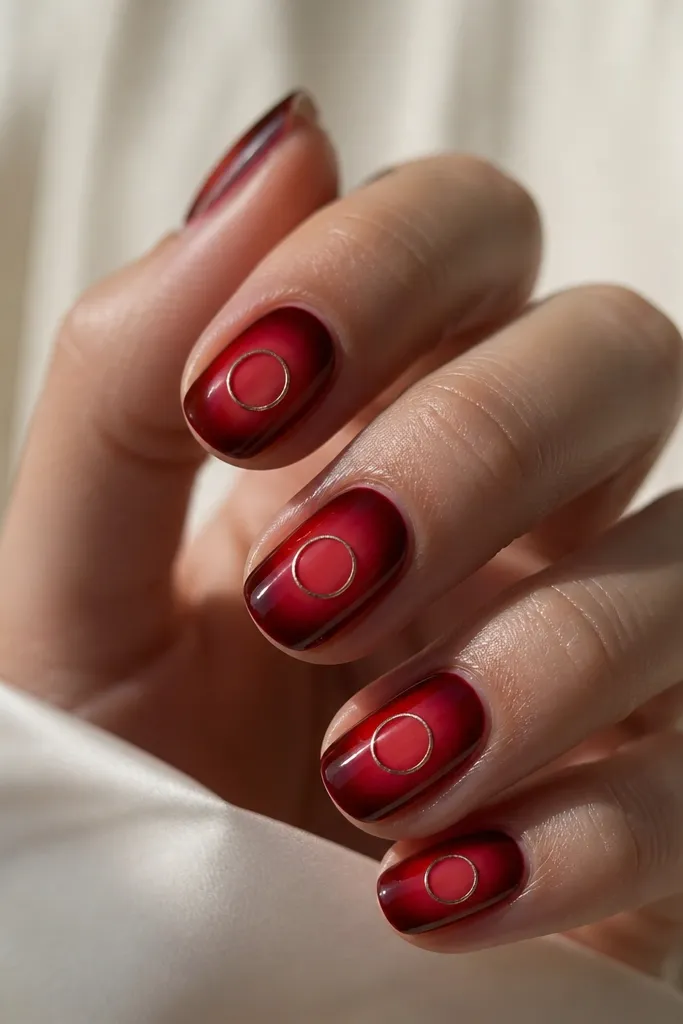 Deep red nails with an aura glow around the center - a soft lighter red halo that blooms outward. A thin silver ring sits around the aura like a tiny target, centered on each nail.