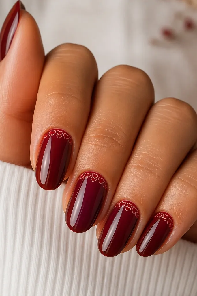 Glossy burgundy nails. On each nail, the top 2 mm has a tiny repeating pattern of micro red hearts outlined in white, like a subtle confetti border.