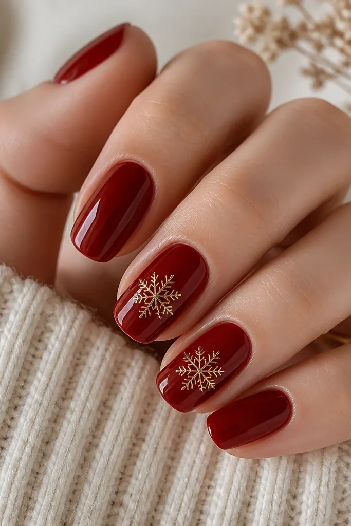 Glossy deep red nails. On two accent nails, a gold snowflake outline sits near the center, with no fill - just the outline. The rest are solid red.