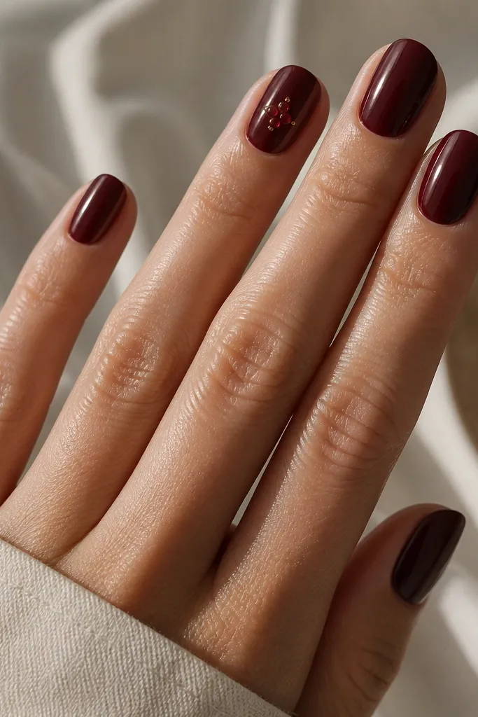 Nails are glossy oxblood. The ring finger has three tiny red gemstone dots in a triangle arrangement near the center, with a couple of micro gold dots around them.