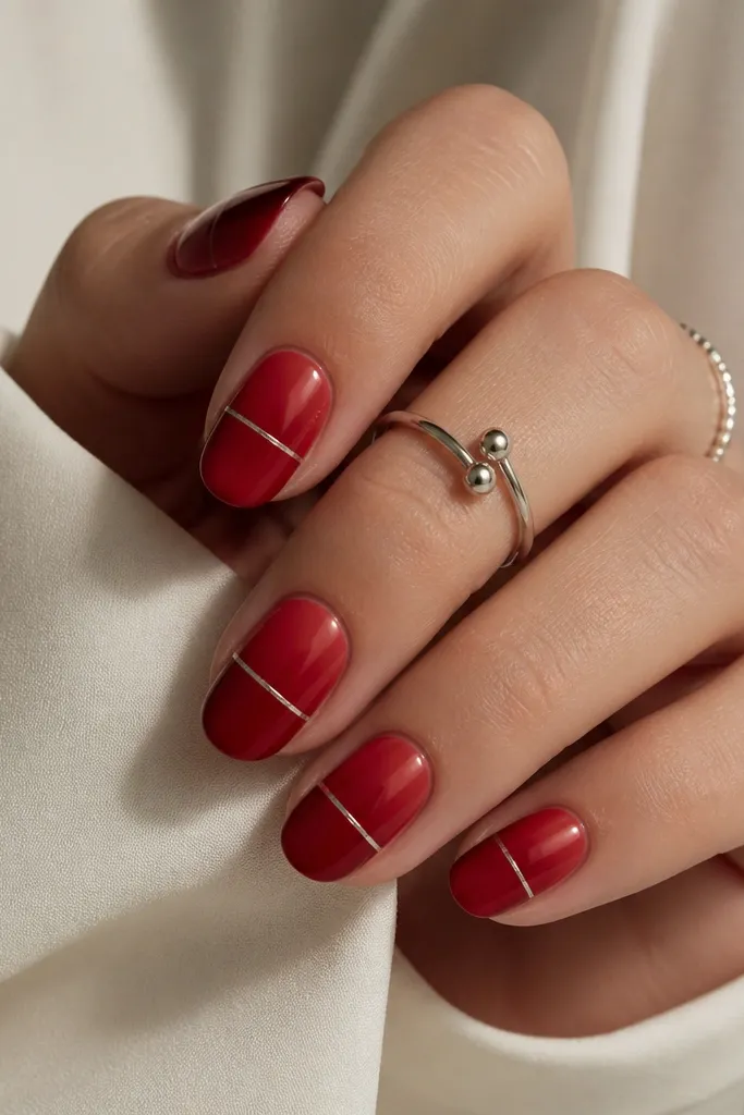 Nails have a subtle vertical gradient from darker red at the tip to slightly lighter red near the cuticle. A thin silver line runs horizontally around the middle of each nail.