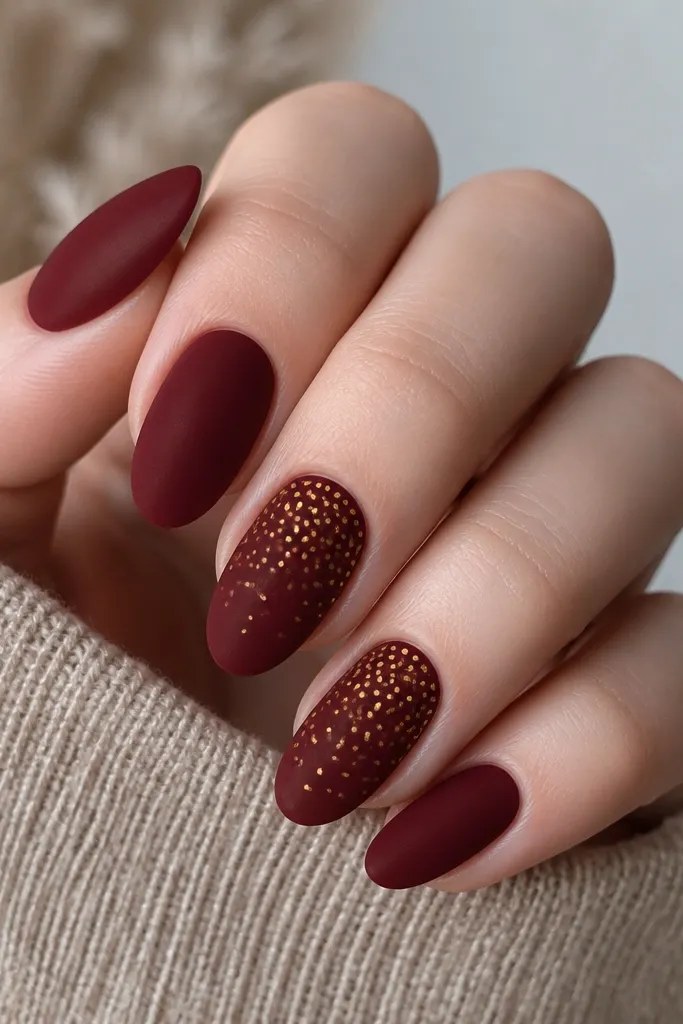 Matte burgundy velvet nails. On two accent nails, there are scattered tiny gold dots like falling snow, concentrated near the upper half.