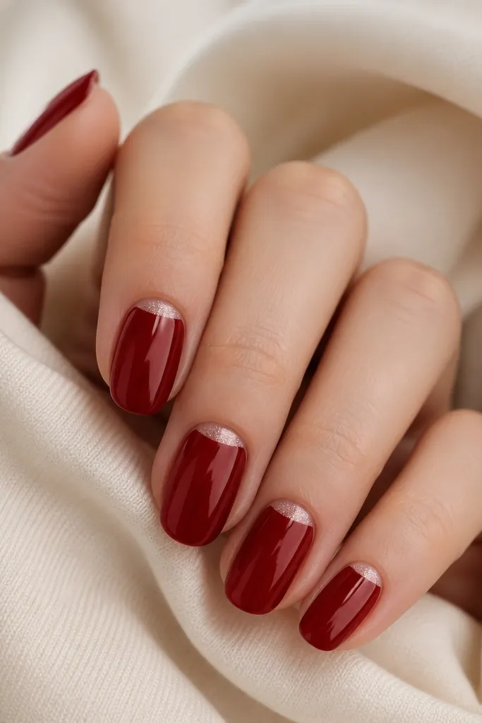 Glossy deep red nails with a small curved cuticle crescent in pearly shimmer. The shimmer crescent sits just below the cuticle line and matches the nail shape.