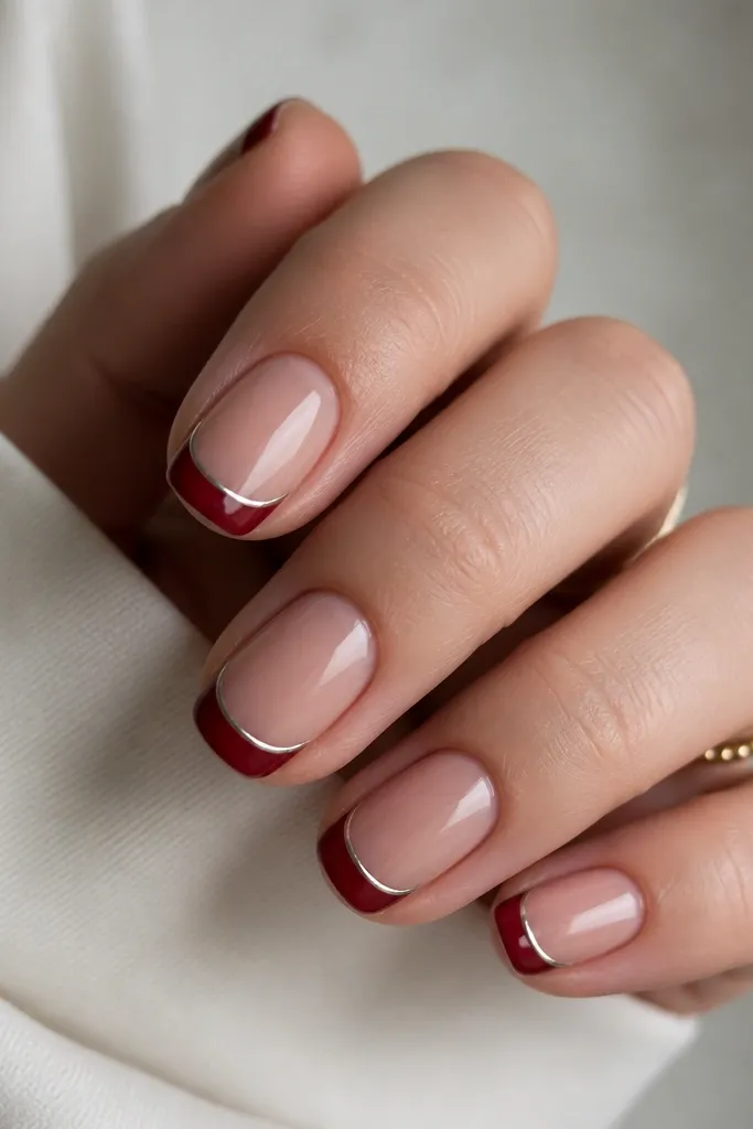 Short squoval nails with a nude-pink base; French tips are painted deep red; a thin chrome line traces the very edge of the red tip like a metallic border.