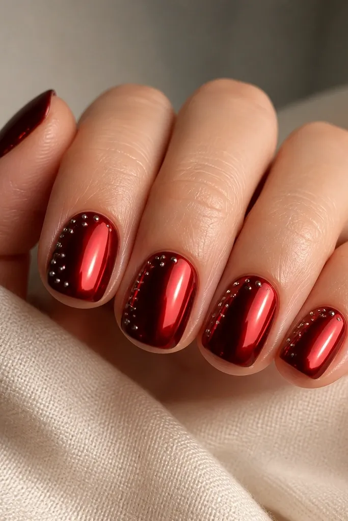 Short round nails with deep red chrome base; tiny chrome dots sit in a scattered pattern near the cuticle and along one side, with the rest staying mirror red.