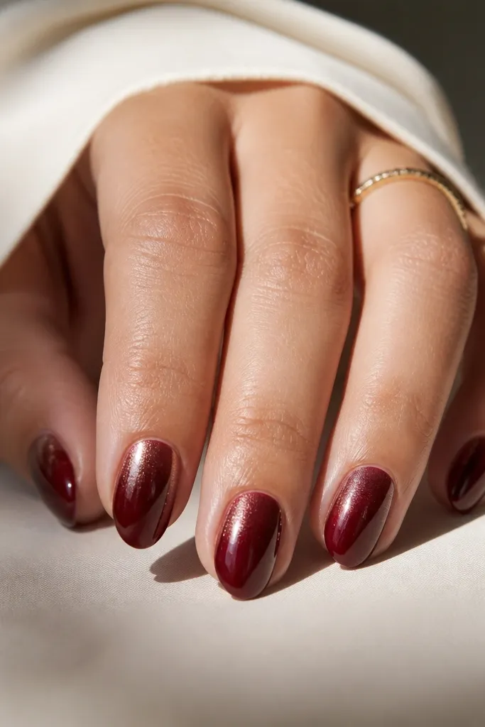 Short almond nails with glossy oxblood; chrome is faded from the cuticle upward into the mid-nail, leaving the lower half solid red.