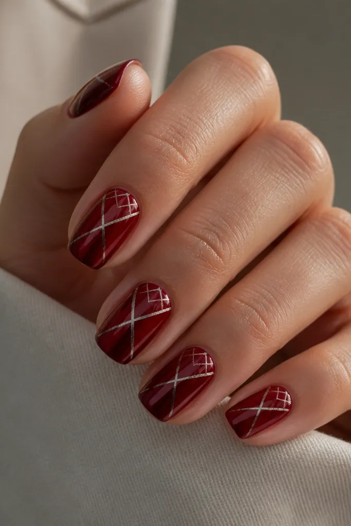 Short squoval nails with deep red base; thin chrome lines form an X pattern across the nail center, with a faint grid effect near the cuticle.