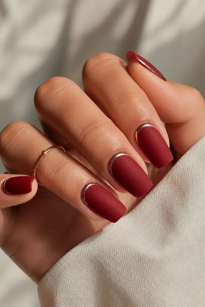 Short coffin nails with deep red matte finish; a narrow chrome ring sits right around the cuticle border, glossy compared to the matte body.