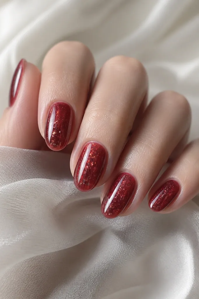 Short almond nails with a semi-translucent deep red jelly layer; chrome coverage is light and sparkly; tiny silver specks scatter across the mid-nail.