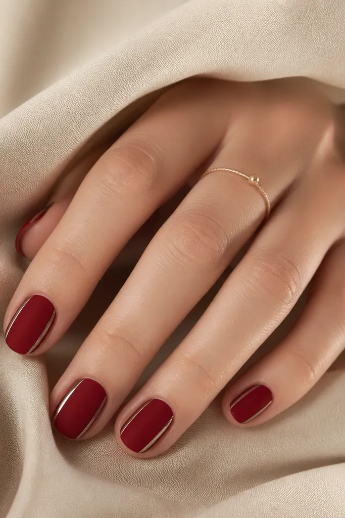 Short round nails with a velvety-looking deep red finish; a chrome swipe runs along each sidewall from mid-nail to tip.