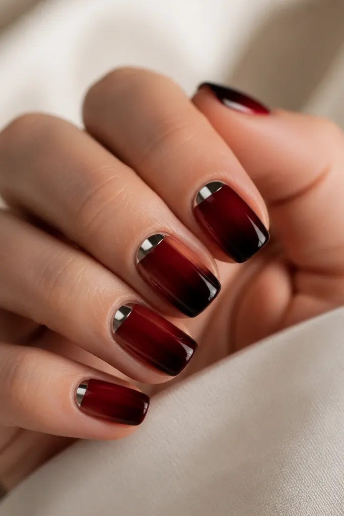 Short squoval nails with a chrome half-moon at the cuticle; the rest of the nail is deep red that fades darker toward the tip with a smooth gradient.