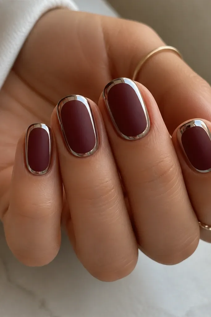 Short squoval nails with deep red matte center panel; chrome forms a glossy halo ring around the panel near the cuticle and side edges.