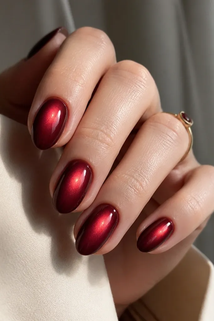 Short almond nails with deep oxblood base; chrome forms a soft glowing aura centered in the middle, fading outward into the red.