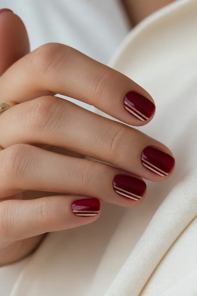Short round nails with deep red base; three thin chrome micro stripes run vertically along the same side of each nail.