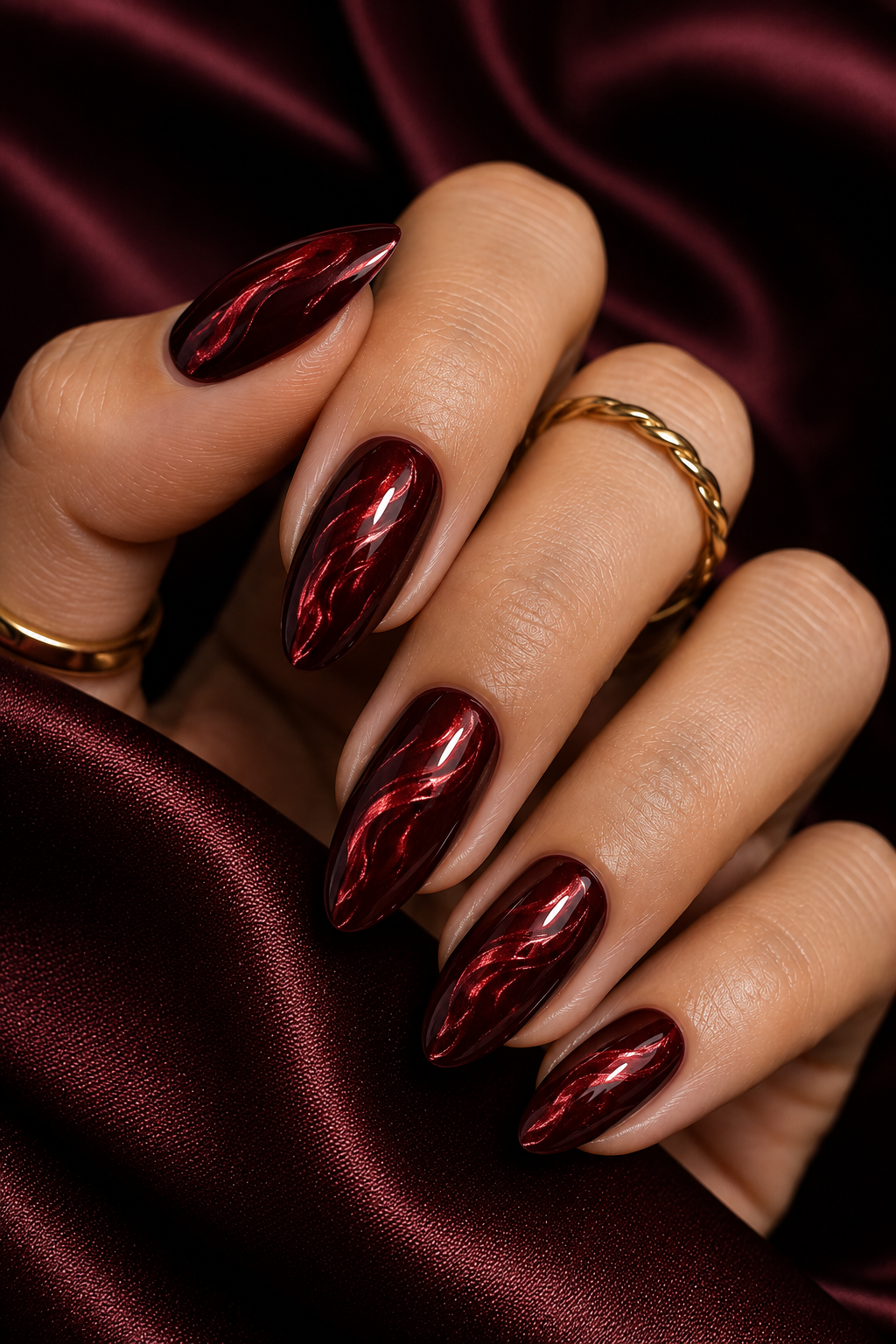 Short squoval nails with deep red base; a thin chrome cap covers only the very tip edge like a metallic French cap.