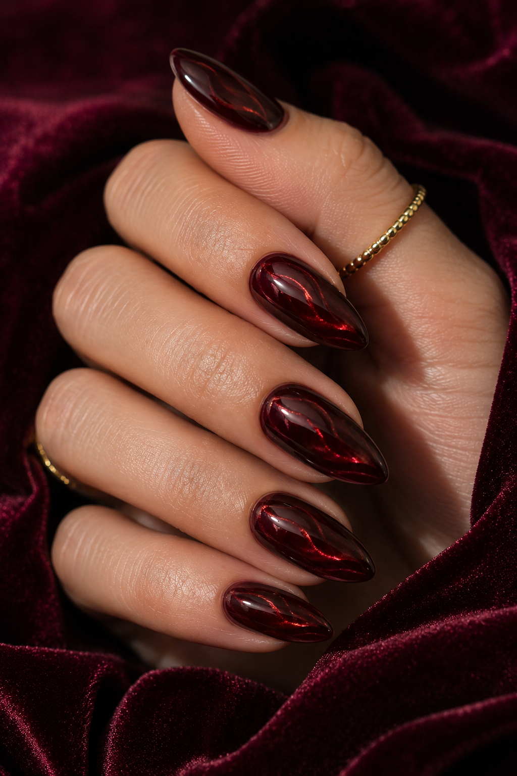 Short almond nails with deep red base; chrome creates a marbled-looking swirl swipe across one side of the nail, leaving the other side fully red.