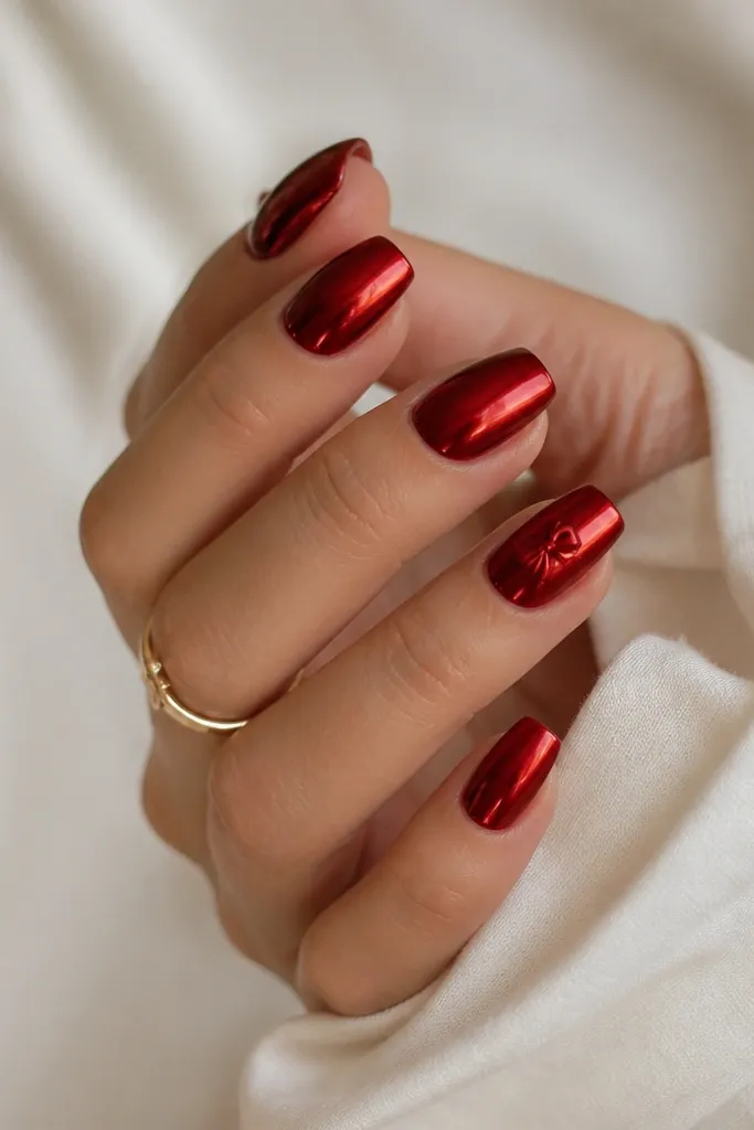 Short coffin nails with deep red chrome coverage on most nails; one nail has a small chrome bow tie shape near the center cuticle area.