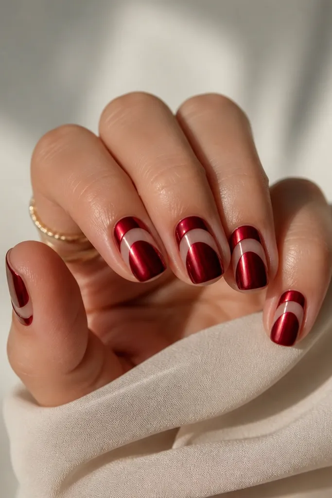 Short squoval nails with deep red chrome main color; a curved negative-space arch near the center shows a sheer base panel in a smooth arc.