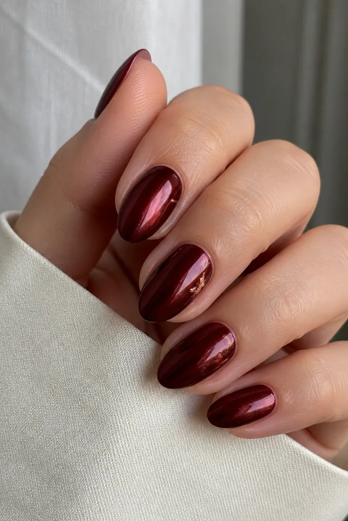 Short almond nails in deep oxblood chrome; small rose gold corner accents sit near each sidewall at the mid-nail on two nails.