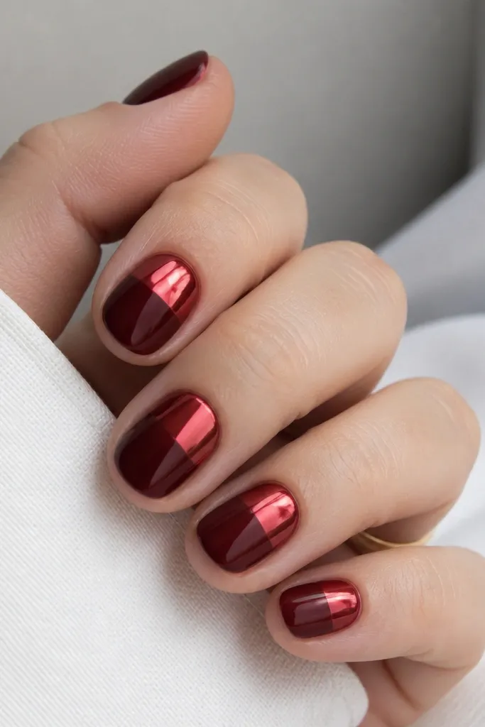 Short round nails with deep red glossy base; chrome is applied only to the top half, creating a clear line where chrome starts around the middle.
