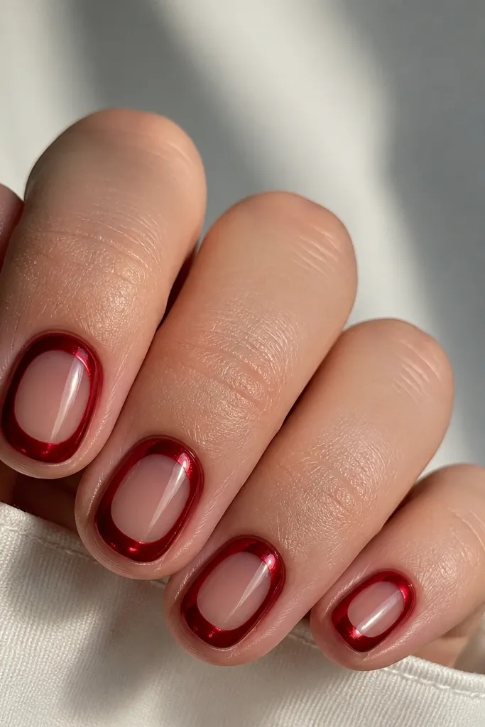 Short round nails with a clear sheer center panel; deep red chrome surrounds it like a halo, leaving a transparent window in the middle.