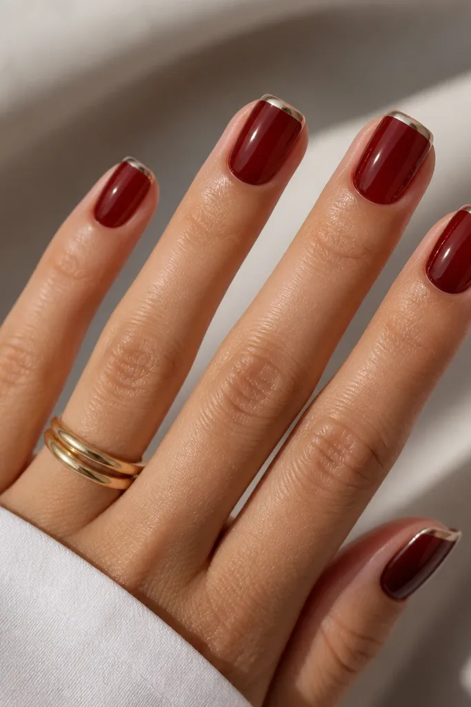Short squoval nails with deep red base; a micro French at the tip is outlined in chrome, with the red smile line slightly lighter than the base.