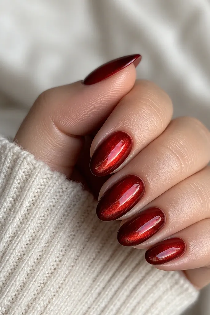 Short almond nails with deep red base; chrome density is heavier on the left side and fades to solid red on the right side.