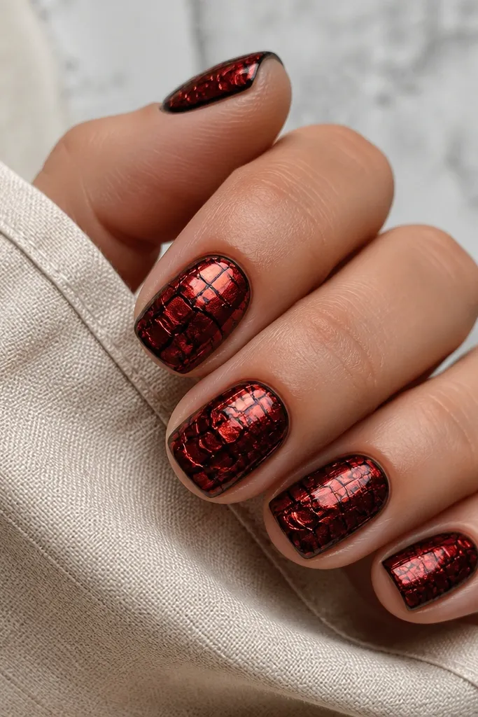 Short squoval nails with deep red chrome base; thin black micro lines create a crackle map effect across the nail, with chrome shining through the cracks.