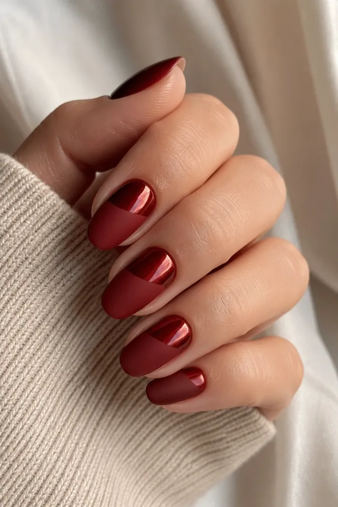 Short almond nails split horizontally: the top half is chrome mirror deep red, the bottom half is matte deep red, with a soft blend line.