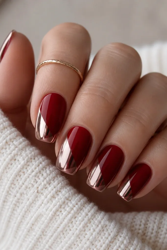 Short coffin nails with deep red base; chrome forms a diagonal overlay across the nail, angled like a slanted French tip, stopping before the tip edge.