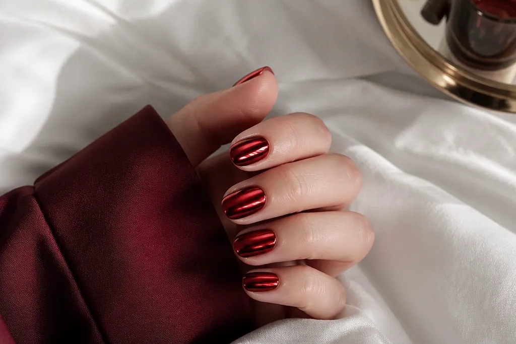 Small space deep red chrome nails