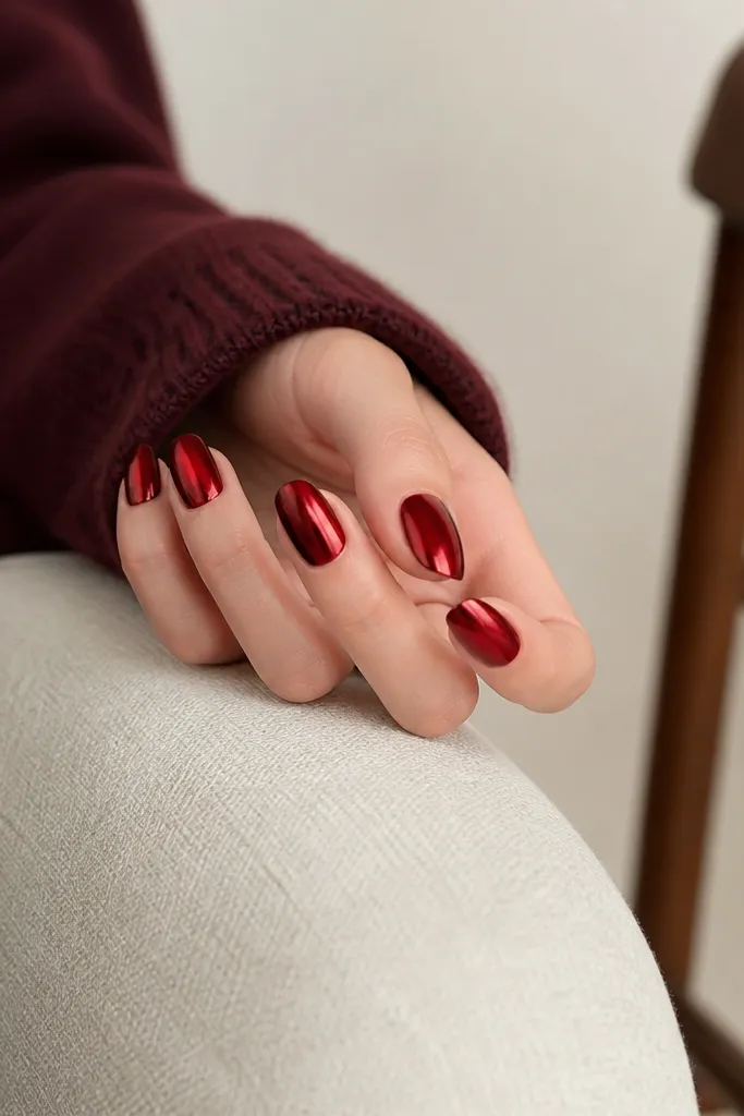Small space deep red chrome nails