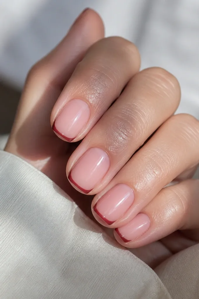 Short squoval nails with a glossy sheer pink base; only a thin, narrow deep red line appears at the very edge of the tip.