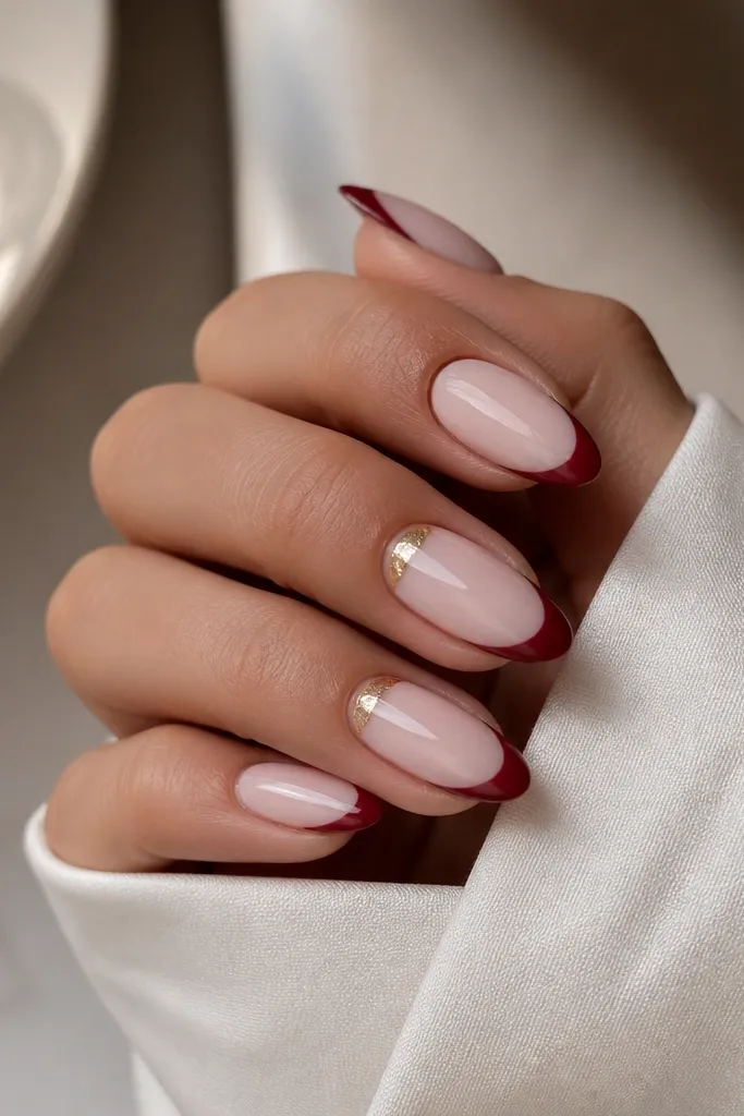 Medium almond nails with a milky pink base; deep red french tips, and a small gold foil half-moon at the cuticle on two nails.