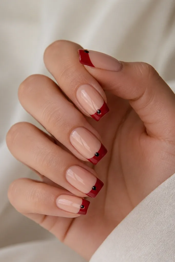 Squoval nails with a nude base; deep red french tips and one tiny black cat-eye dot centered on each tip.